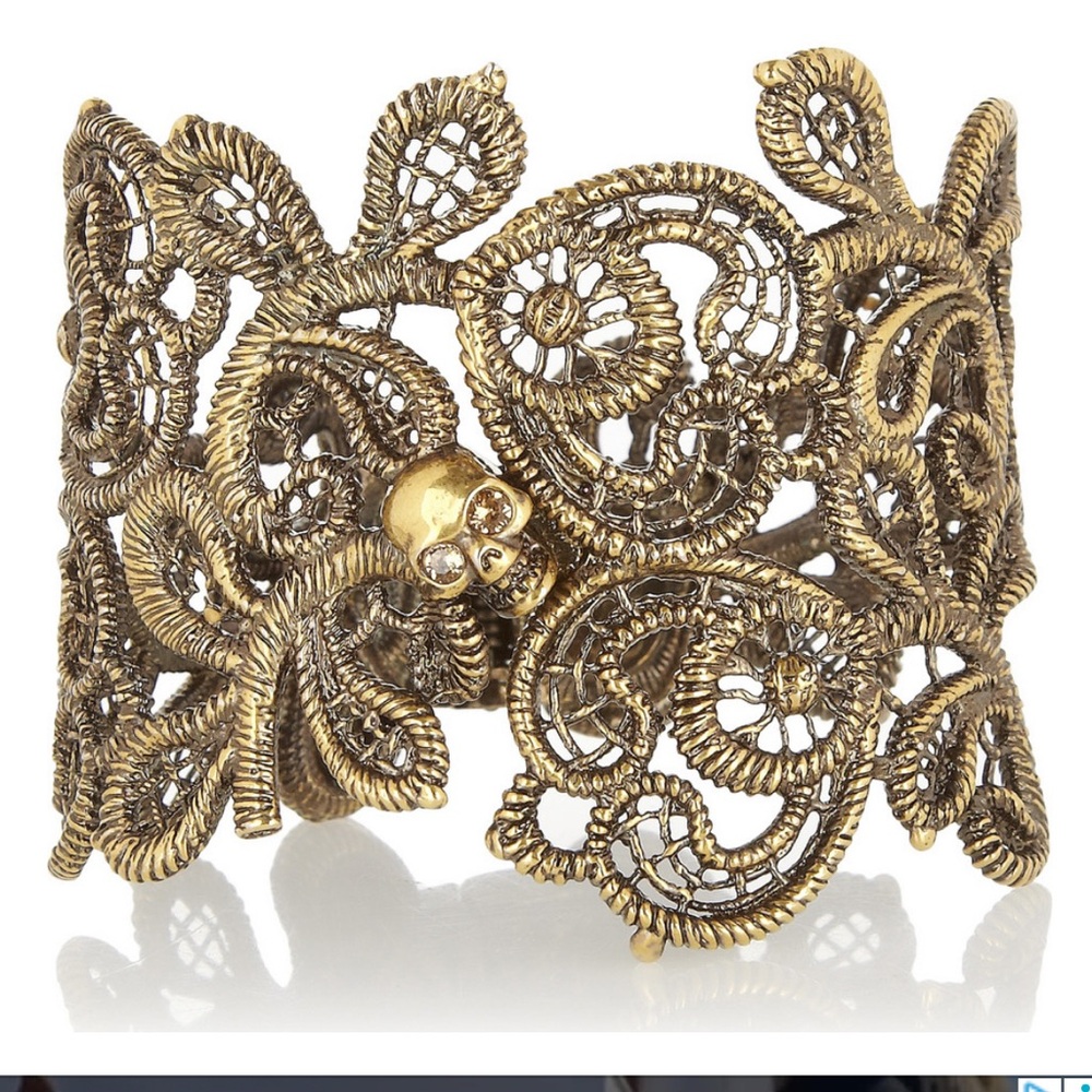 ALEXANDER McQUEEN Gold Tone Brass LACE SKULL PUNK Crystal Cuff Bracelet RARE!